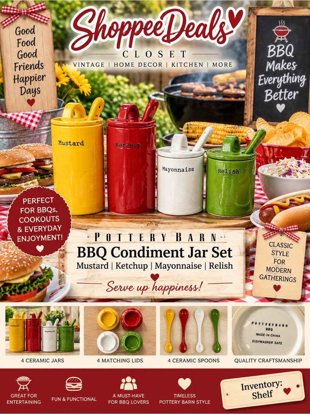 Pottery Barn BBQ Condiment Jar Set Mustard Ketchup Mayo Relish Ceramic 12 Pc